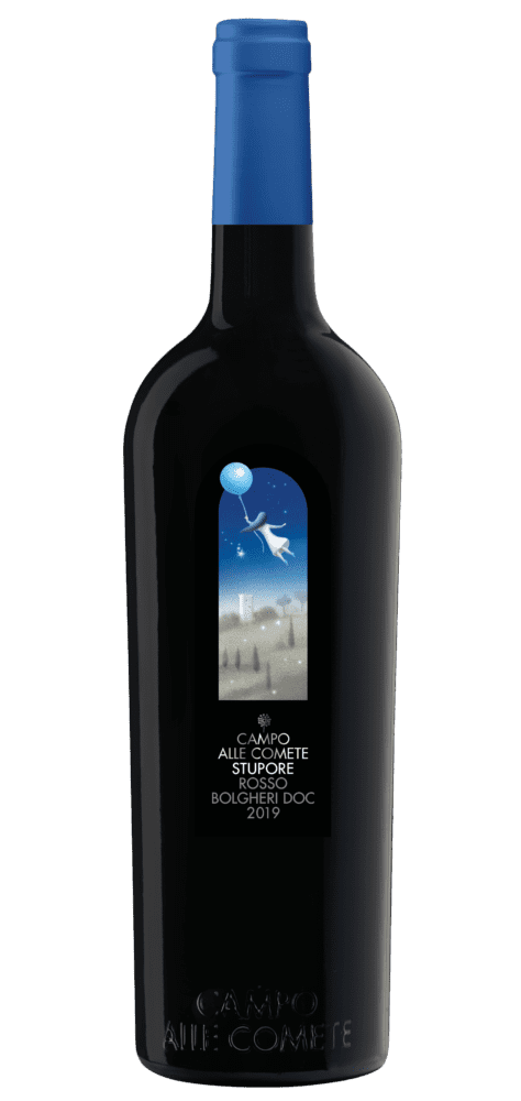 Wine bottle with blue cap and floating figure