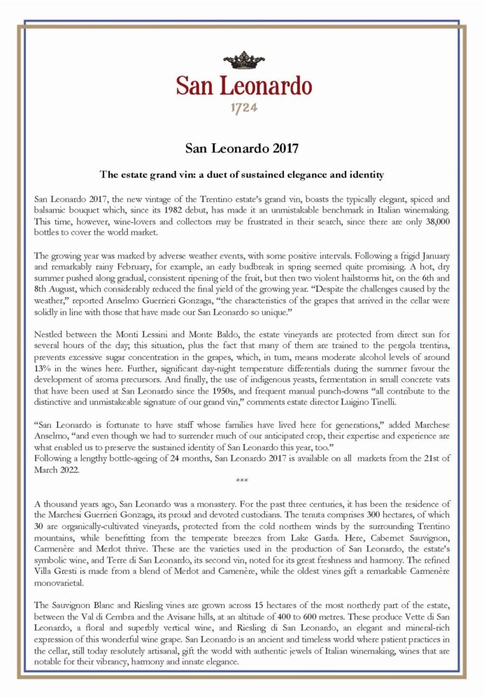 San Leonardo 2017 wine information sheet
