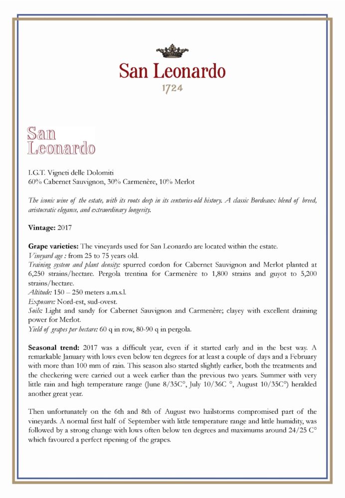 San Leonardo 1724 wine information sheet