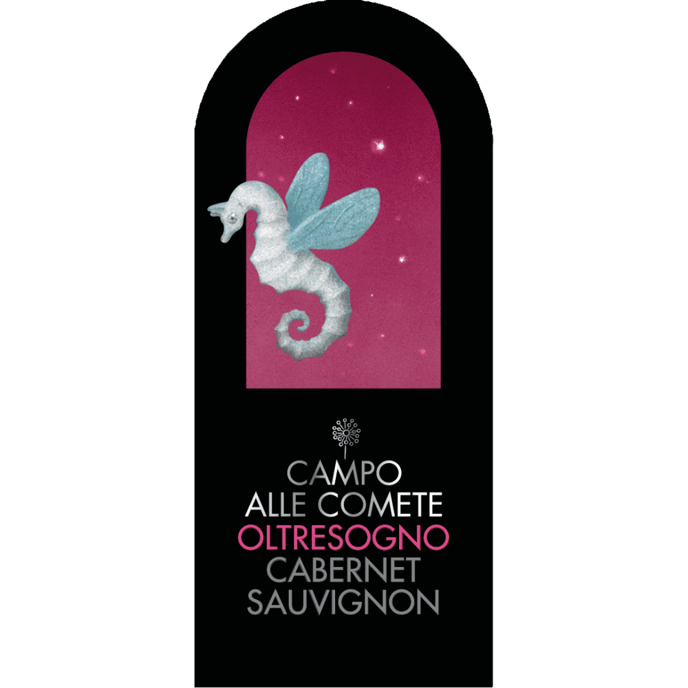 Winged seahorse against starry magenta background