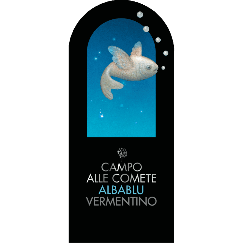 Winged fish illustration in arched blue window