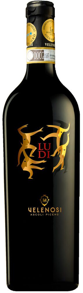 Velenosi Ludi wine bottle with gold label