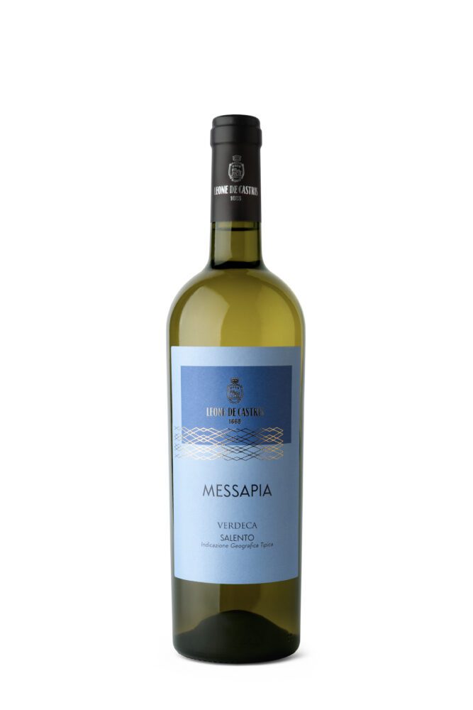 Bottle of white wine with blue label