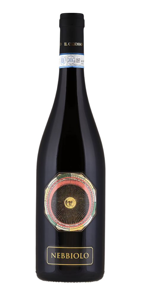 Tall dark wine bottle with sunburst label