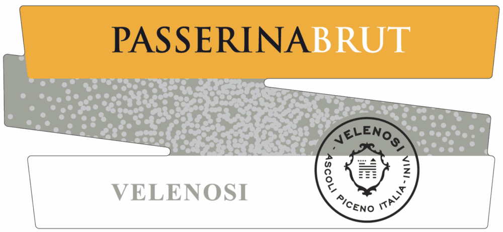 Wine labels reading PASSERINA BRUT and VELENOSI