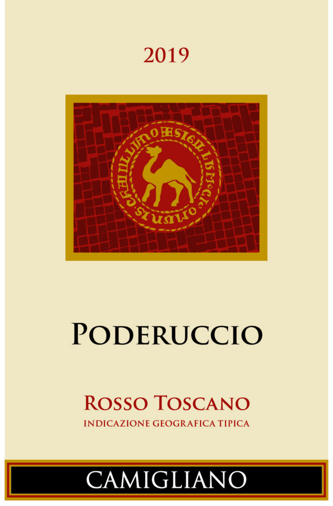 Poderuccio Rosso Toscano wine label with camel emblem