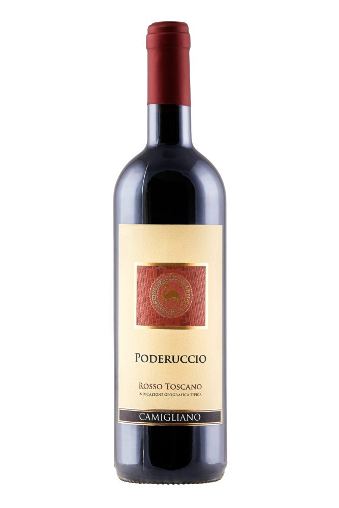 Red wine bottle with beige label