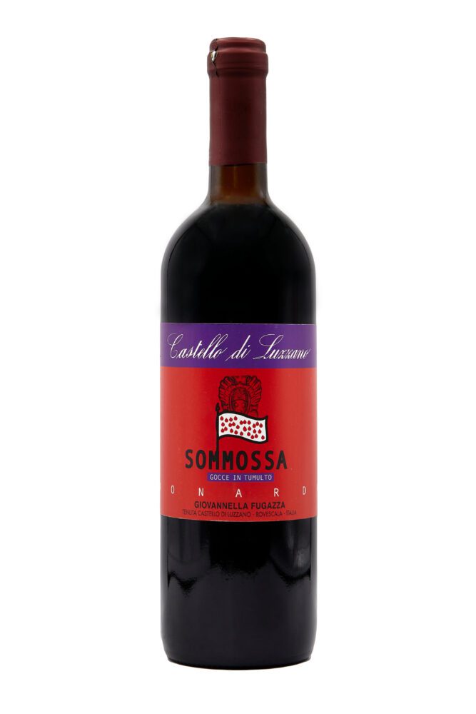 Bottle of red wine with red label