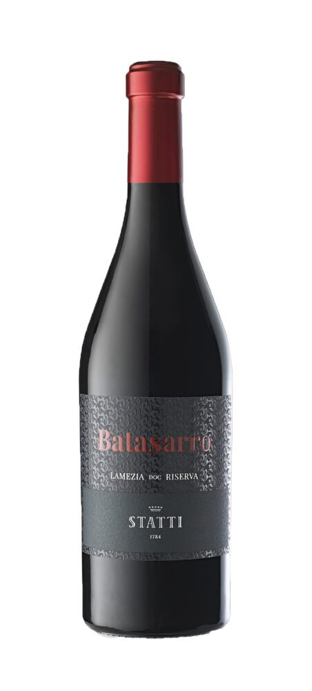 Red wine bottle with black patterned label