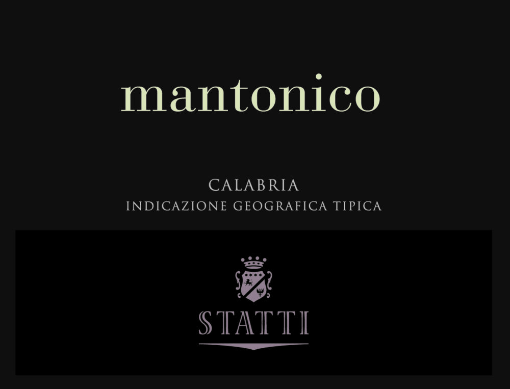 Black wine label reading "Mantonico" and "Statti"