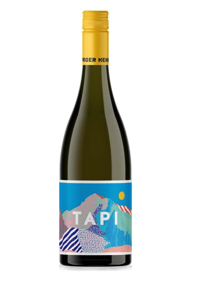 Wine bottle with yellow cap and colorful label