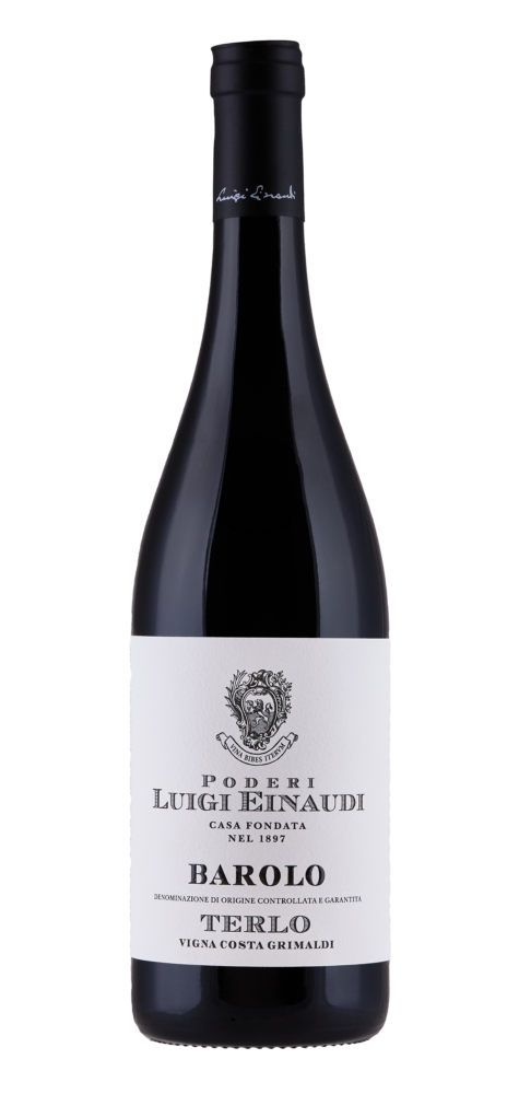 Dark bottle of Barolo wine with white label