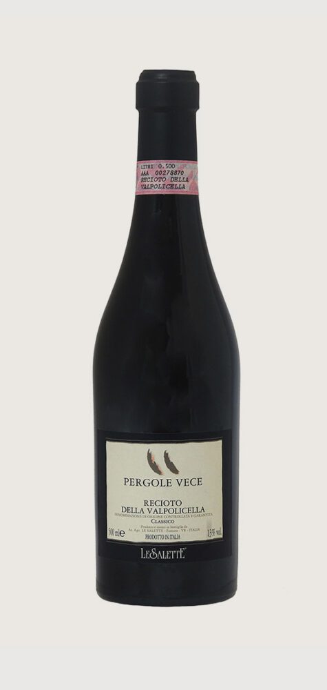 Red wine bottle with beige label.