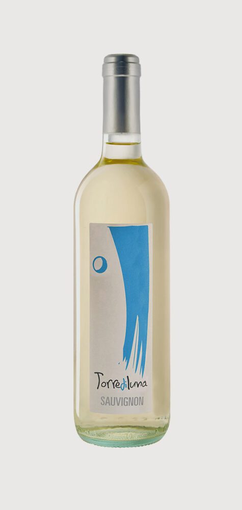 Wine bottle with abstract blue label.
