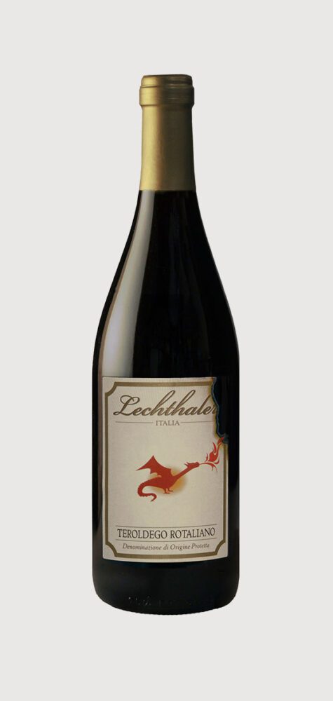 Red wine bottle with gold label design.