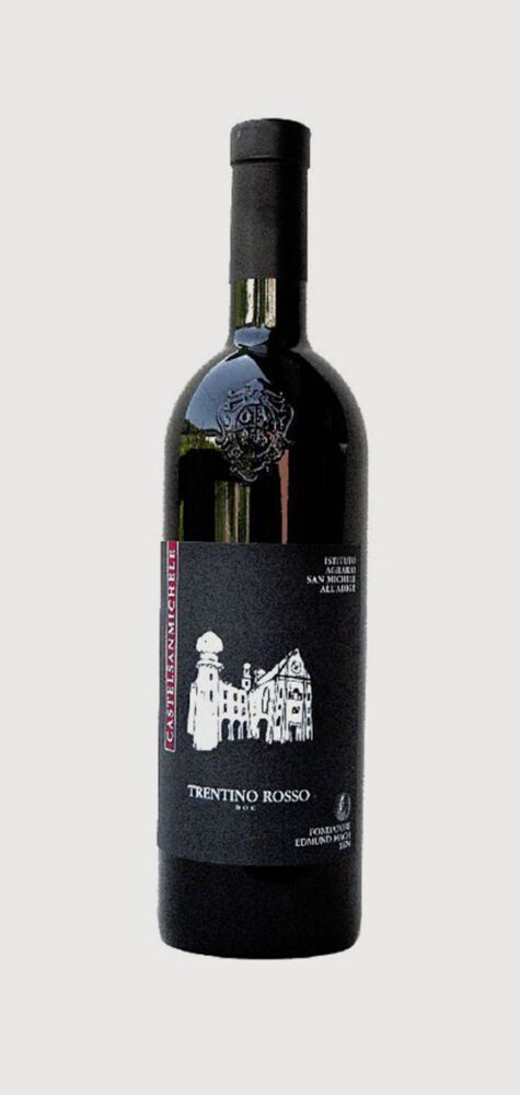 Red wine bottle with illustrated label.