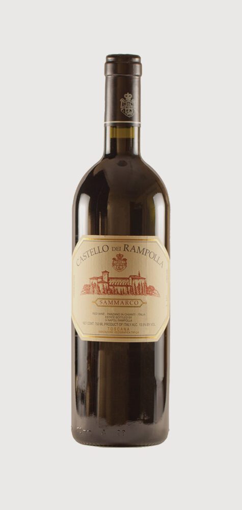 Red wine bottle with detailed label design.
