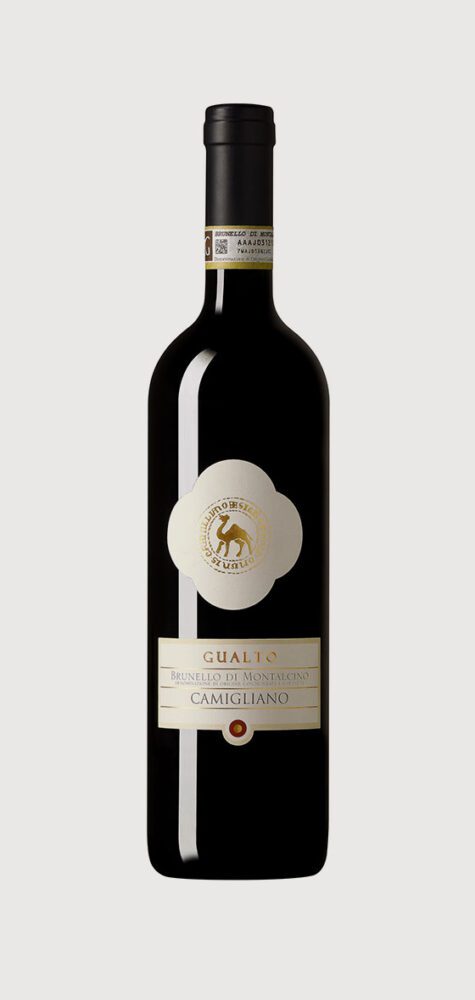 Bottle of red wine with label.