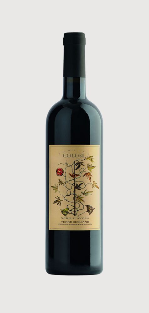 Wine bottle with floral label design.