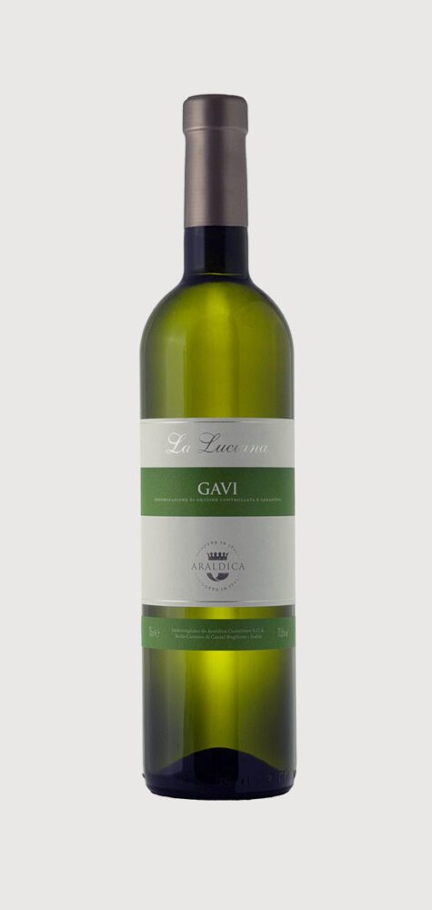 Green wine bottle with a white label.