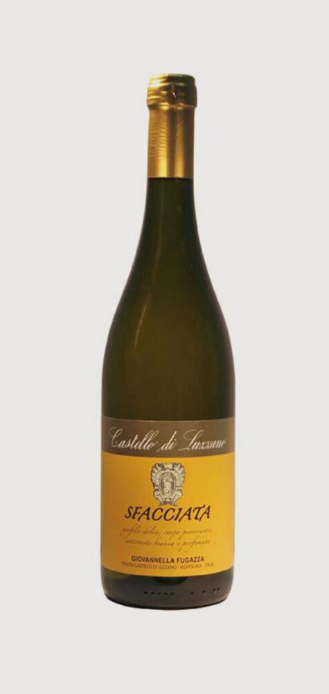 Wine bottle with golden label.