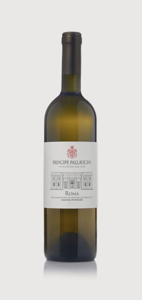 Wine bottle with white label design.