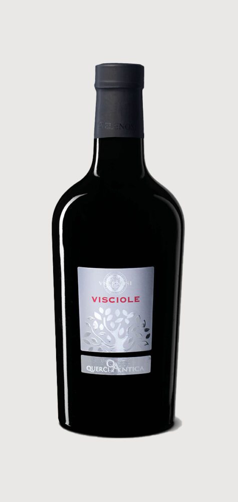 Black wine bottle with silver Visciole label