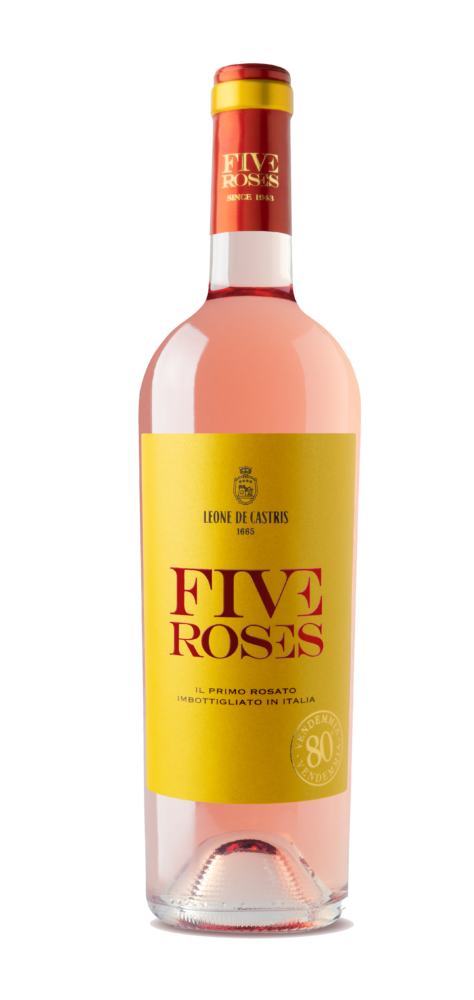 Pink rosé wine bottle with yellow label