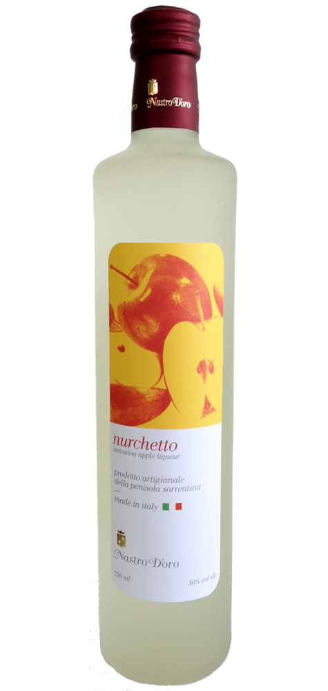 Frosted bottle of apple liqueur with label